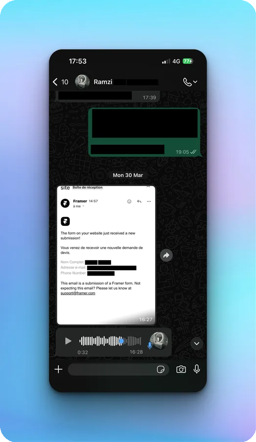 Capture WhatsApp de la première demande reçue par Ramzi